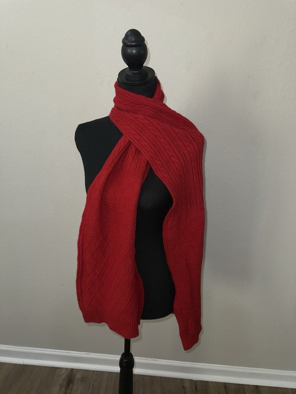 Lauren Ralph Lauren Red Cable Knit Scarf Lambswool Rabbit Hair Winter Designer